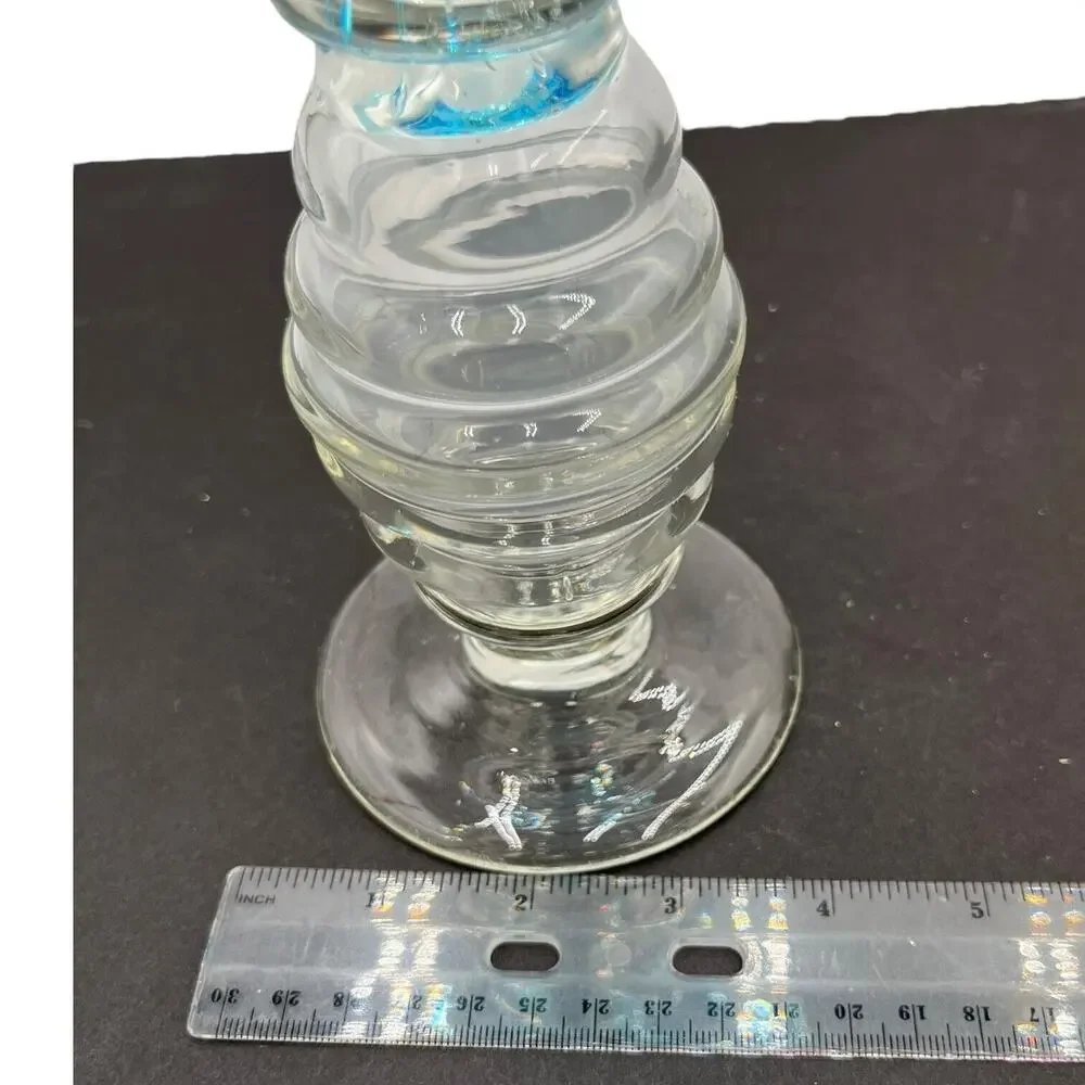 Vtg 14'' Blue Hand Blown Glass Vase Spiral Ice Blue Ruffled Top Clear‎ Base EUC